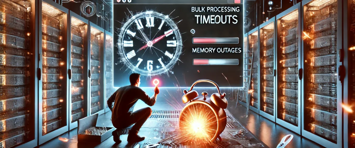 Magento 2 bulk processing timeouts and memory issues visualized.
