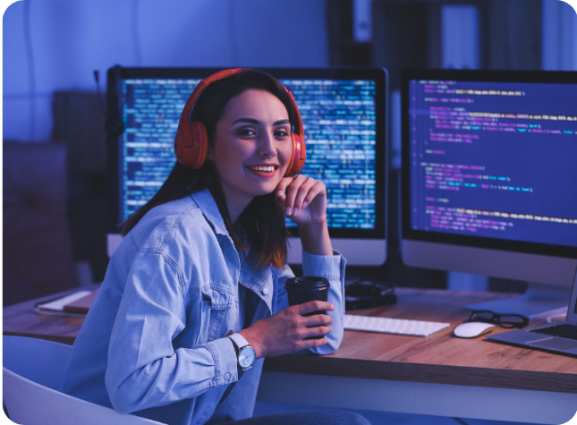 Female developer at NeoSolax with coffee