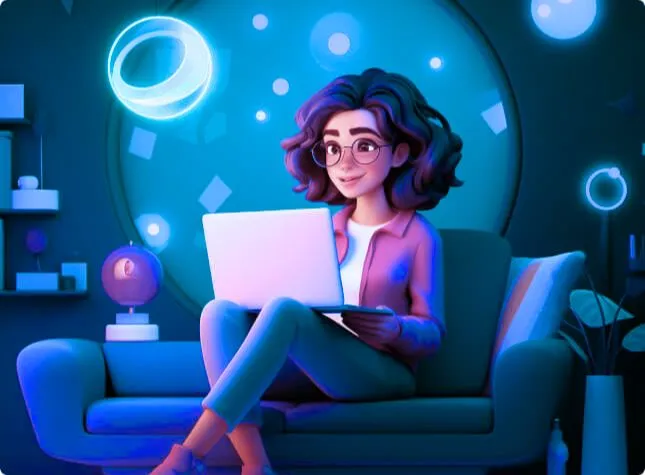 Girl sitting on a chair with a laptop.